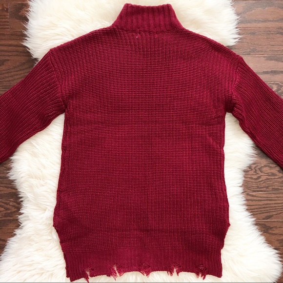 no comment Women’s Maroon Loose Knit Raw Edge Long Sleeve Pullover Sweater M - Picture 5 of 5